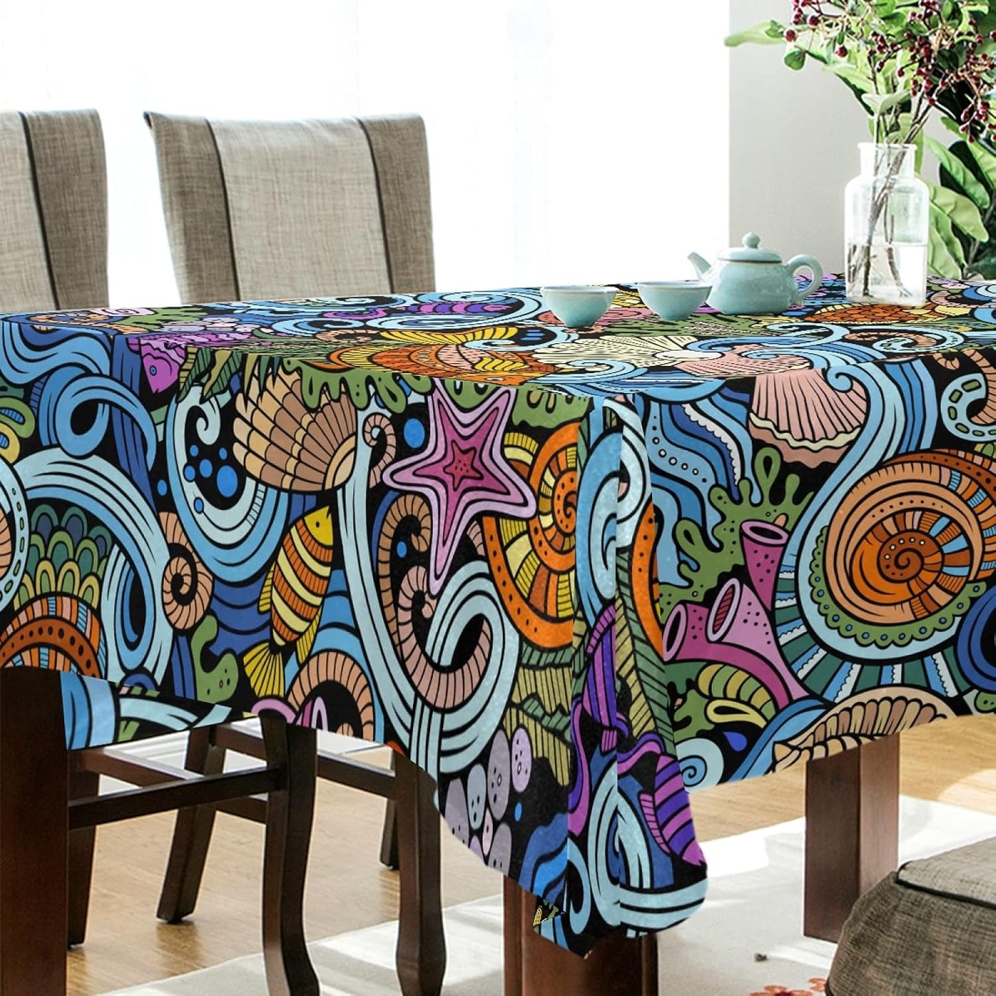 Starfish Shell Tablecloth, 54x54 Square Polyester Washable Wrinkle Free Dinner Tablecloth for Kitchen Dining Room