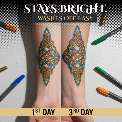 Tattoo Pen Kit for Skin – 10 Temporary Tattoo Markers with Dual Tips & 20 Stencils, Body-Safe Ink for Face, Hands & Arms – Fun Body Art Pens for Kids, Teens, Parties, Festivals & Costume Design