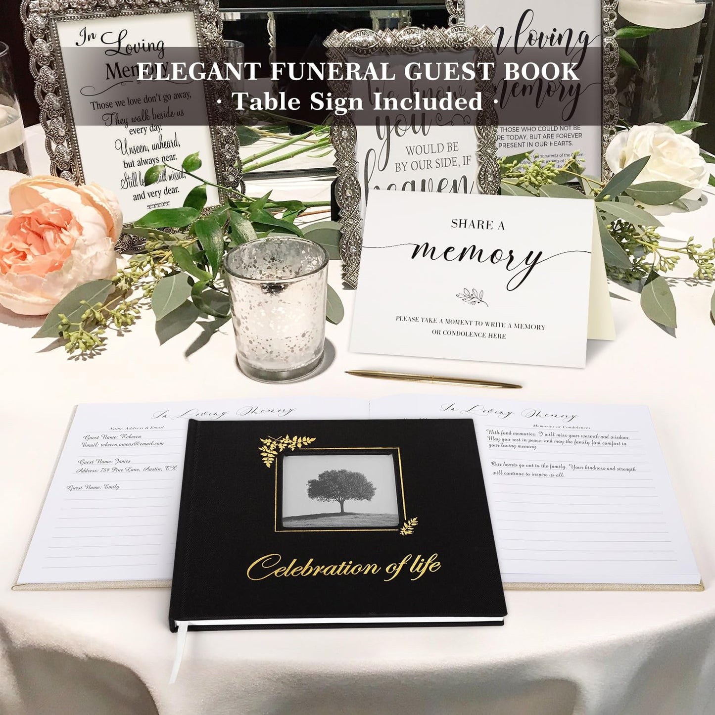Lanpn Funeral Guest Book for Memorial Service, Linen Celebration of Life Registry Guest Book with Open Window, Memory Book for Funeral with Table Sign, Funeral Favors Sign in Books for Guests, Beige