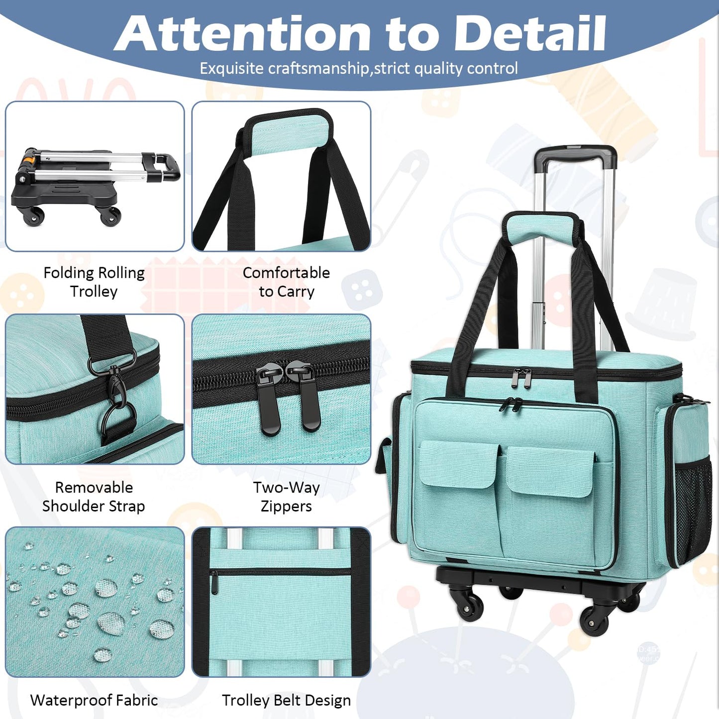 SLINRKE Sewing Machine Case with Wheels - Rolling Sewing Machine Tote with Removable Bottom Pad & Multiple Storage Pockets, Compatible with Singer & Brother (Teal)