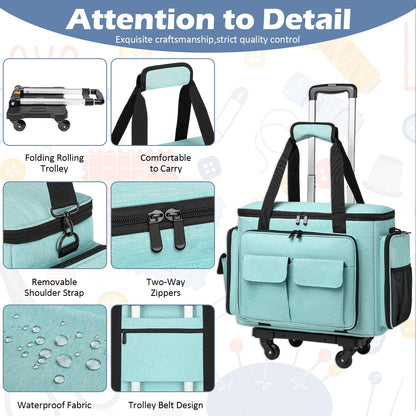 SLINRKE Sewing Machine Case with Wheels - Rolling Sewing Machine Tote with Removable Bottom Pad & Multiple Storage Pockets, Compatible with Singer & Brother (Teal)