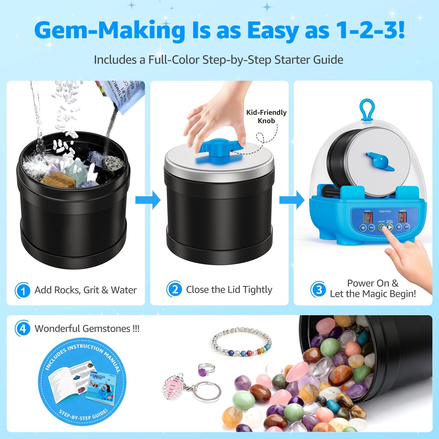 KomeStone K5 Rock Tumbler for Kids & Starters– Dual Noise-Reducing Rock Polisher with Timer, 3 Speeds & Memory Function, Complete Stone Tumbling Kit with Gems & All Accessories – A Fun STEM Gift