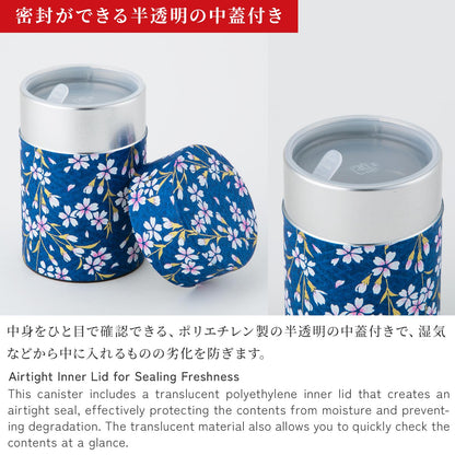 NOREN Japanese Tea Canister Tin (Yuzen Washi Paper), 3.5oz Size Made in JAPAN with Includes Inner Lid of Airtight Damp-Proof/Kitchen Jar for Loose Leaf Coffee Tea (Sakura of Kyoto/Navy)