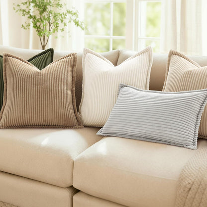 Mecatny Corduroy Throw Pillow Covers - Soft Boho Decorative Set of 2 | 18x18 Cream White