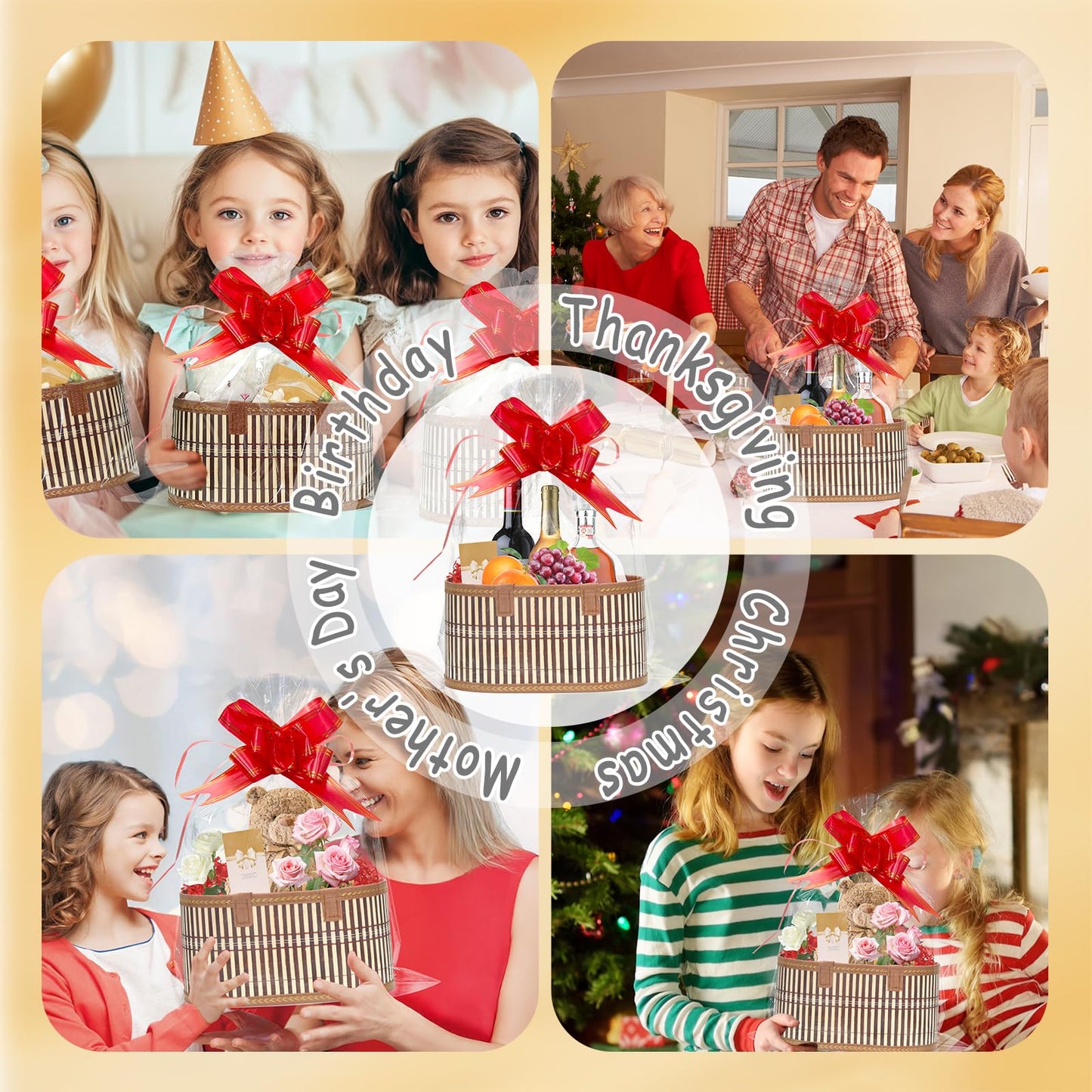 Mapaim 4 Set Bamboo Gift Baskets Empty, Foldable Woven Storage Basket with Handle, Gift Basket Kit with Wrap, Bows & Cards, Empty Gift Baskets to Fill for Baby Shower, Wedding, Holiday Gifts (Oval)