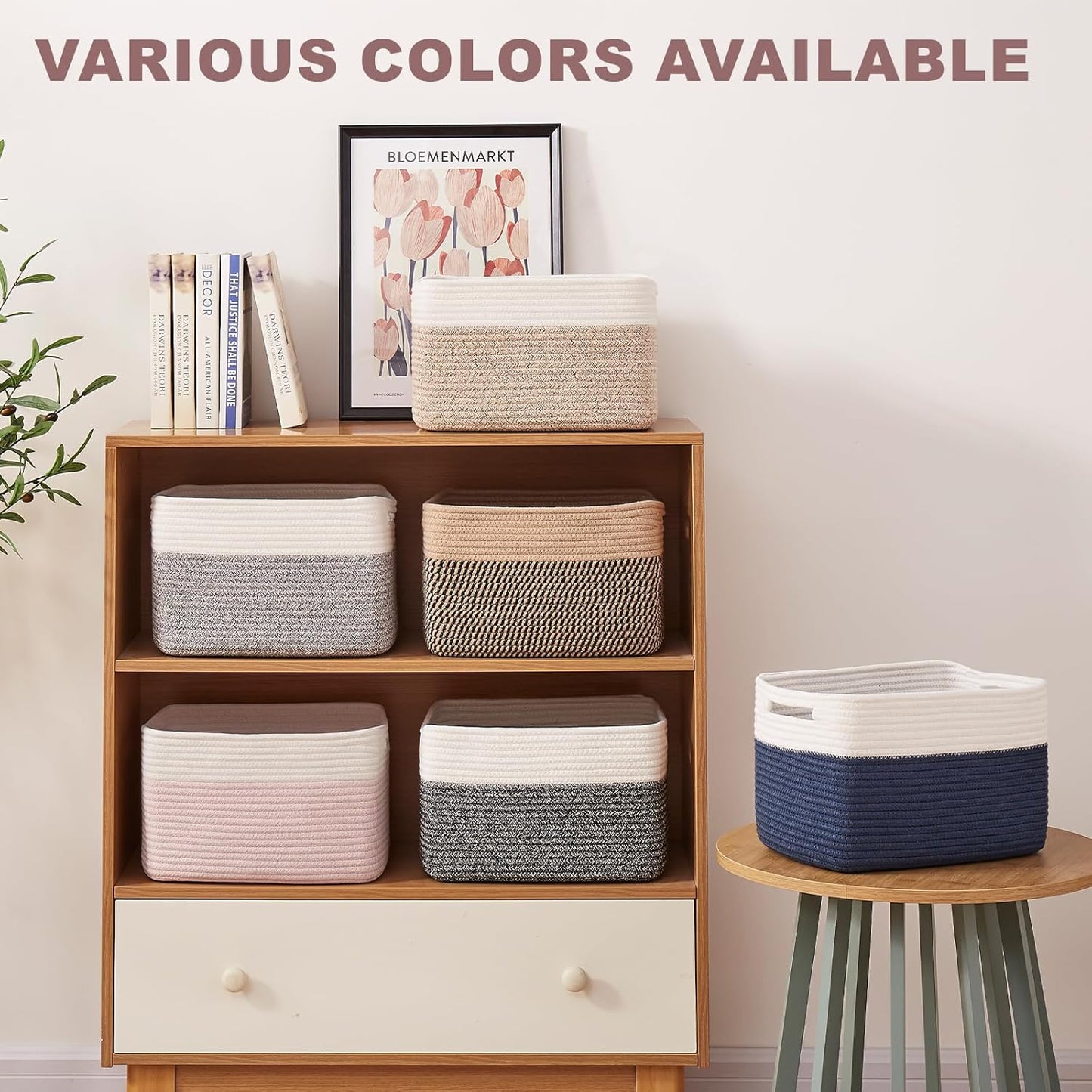 OIAHOMY Storage Baskets - Woven Cotton Rope Organizers with Handles | 13" L x 9" W x 7.8" H, Brown & White