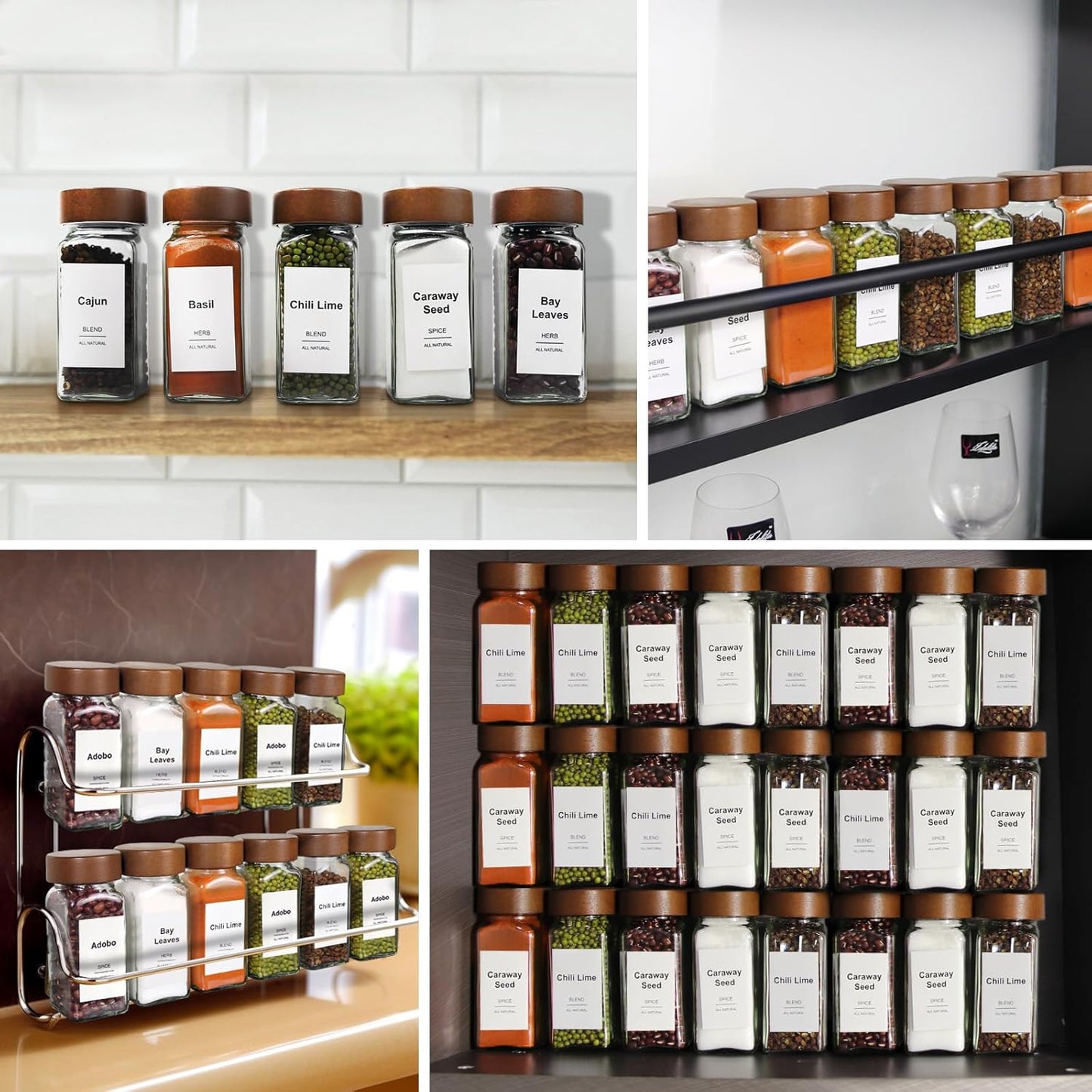 24 4oz Pcs Spice Jars, Seasoning Containers with Acacia Wood Shaker Lids, Glass Spice Bottles with Labels, Square