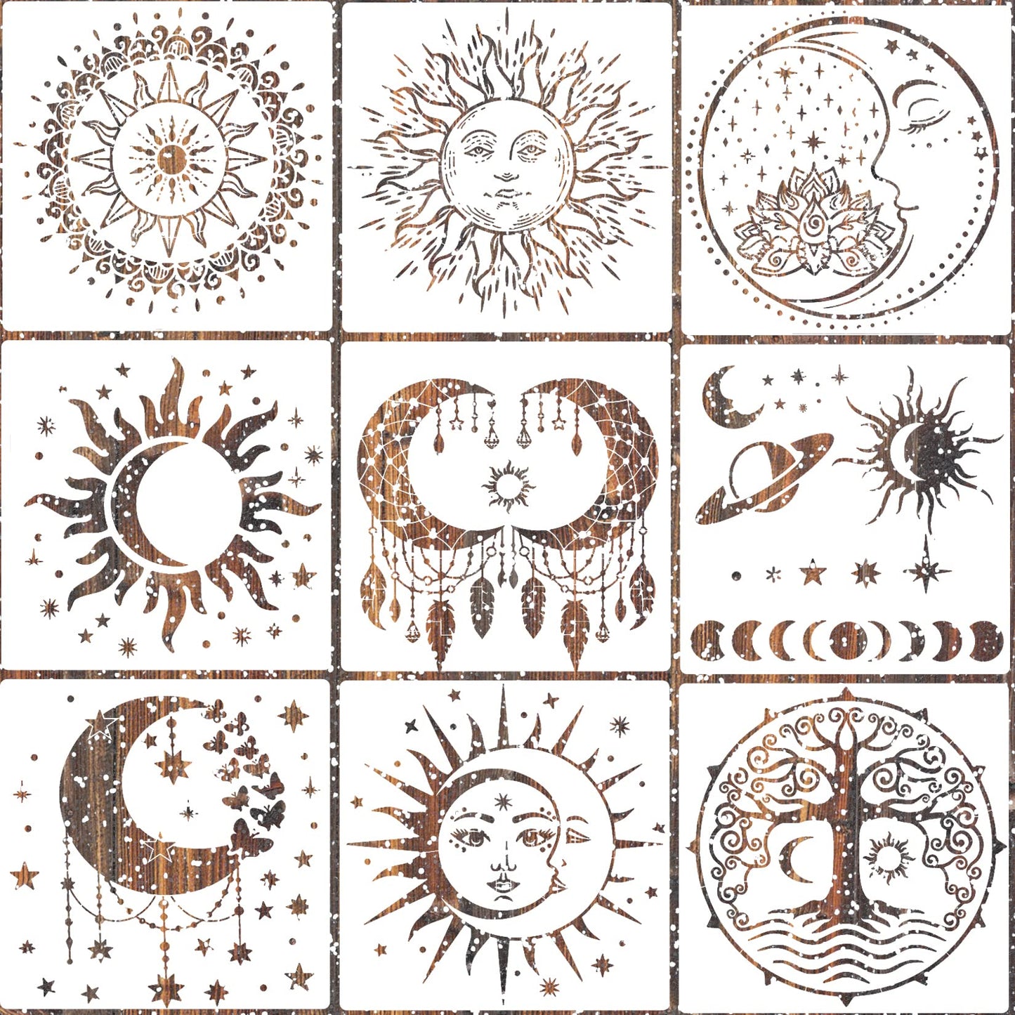 9 Pieces Large Mandala Sun and Moon Stencil Butterfly Flower Tree Paint Stencils for Crafts Reusable Templates Star Celestial Stencils for Painting Wood Wall Furniture Home Decor (Sun Moon)