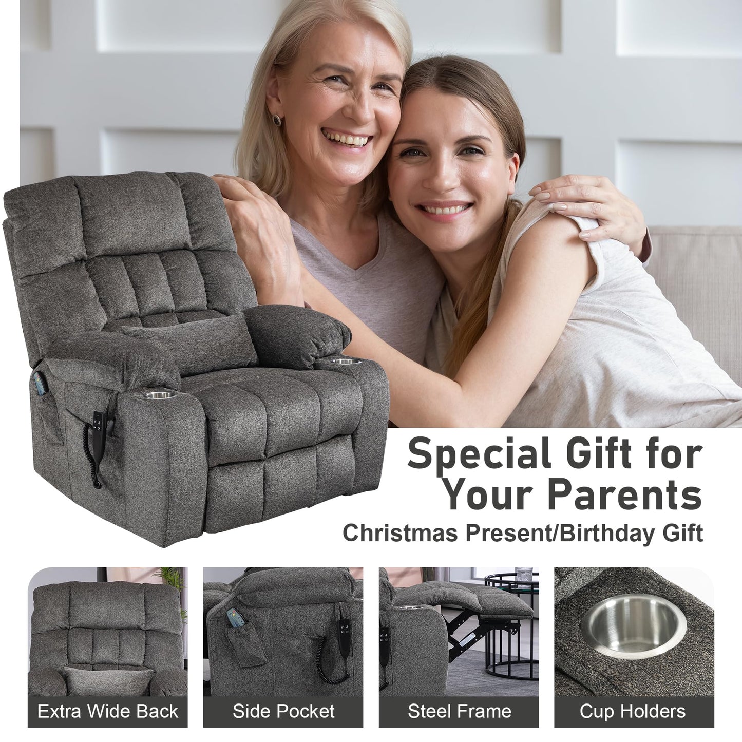RHHVVR Oversized Power Recliner Chair for Big and Tall 400 LBS, 25.5" Extra Wide Electric Lift Chair with Heat and Massage, Dual Motor 180° Lay Flat Recliner Living Room Sofa, Chenille Big Lift Chair