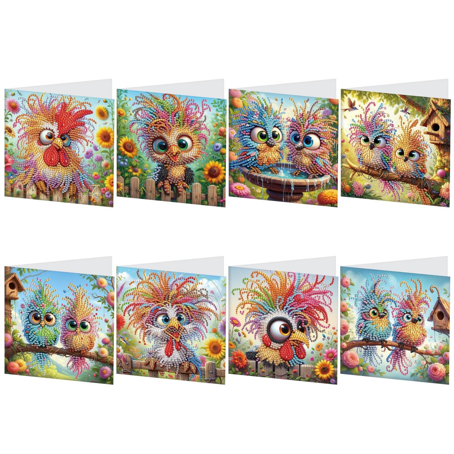 LazyFold 8Pcs DIY Diamond Art Painting Greeting Cards with Envelopes, Crazy Birds All Occasion Note Card Kit for Women, Handmade Thank You Birthday Friendship Cards Gift