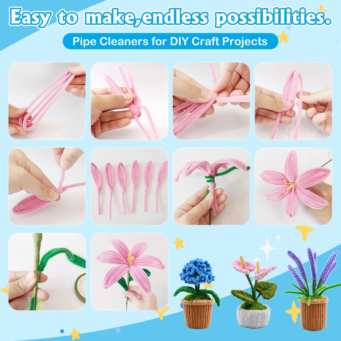 POMBUDS 572 PCS Pipe Cleaners Flower Kit, 13 Colors Chenille Stems with Floral Wires, Stamen, Tapes, Dot Glue, Instruction & White Box – DIY Craft Set for Handmade Bouquets