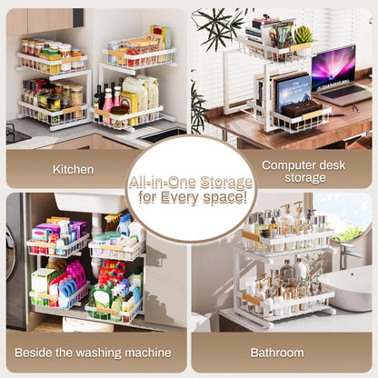 ADBIU Under Sink Organizer 2 Pack, Adjustable Height (11"-15.75") Under Cabinet Storage, 2 Tier Pull Out Sliding Drawers for Kitchen Bathroom, Heavy Duty Metal Shelf, White