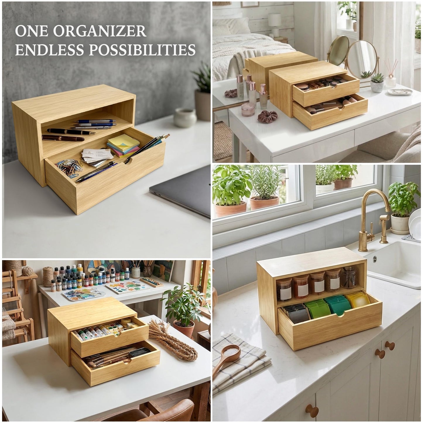 LUSHZLUMBERA Bamboo Desk Organizer with 2 Drawers, Desktop Drawers Wooden Storage Box 13.4 x 7.1 x 7.5 Inches Countertop Organizer for Office Supplies, Solid Wood Tabletop Drawer No Assembly Required