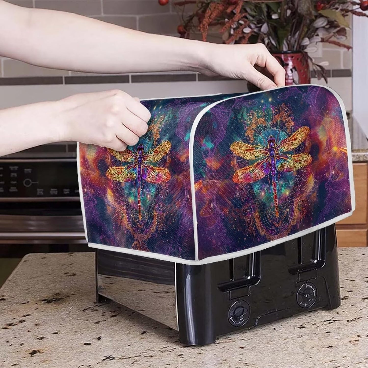 Gold Dragonfly Boho Purple Galaxy Print 4 Slice Toaster Oven Cover | Universal Size Microwave Dust Cover Organizer Bag