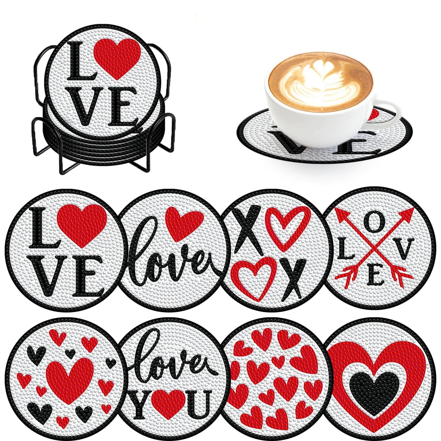 Denylo pro 8 Pcs Valentines Day Diamond Art Painting Coasters Kits with Holder DIY Art Coaster Non Slip Coaster for Adults Xmas Holiday Diamond Painting Kits Supplies for Valentines Day Gift