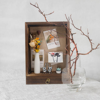 FramePro 11x16 Deep Shadow Box Frame with Drawer and Soft Line Back, Wooden Display Case Memory Box Real Glass for Keepsakes Collections, Medals, Bouquet Wall or Tabletop