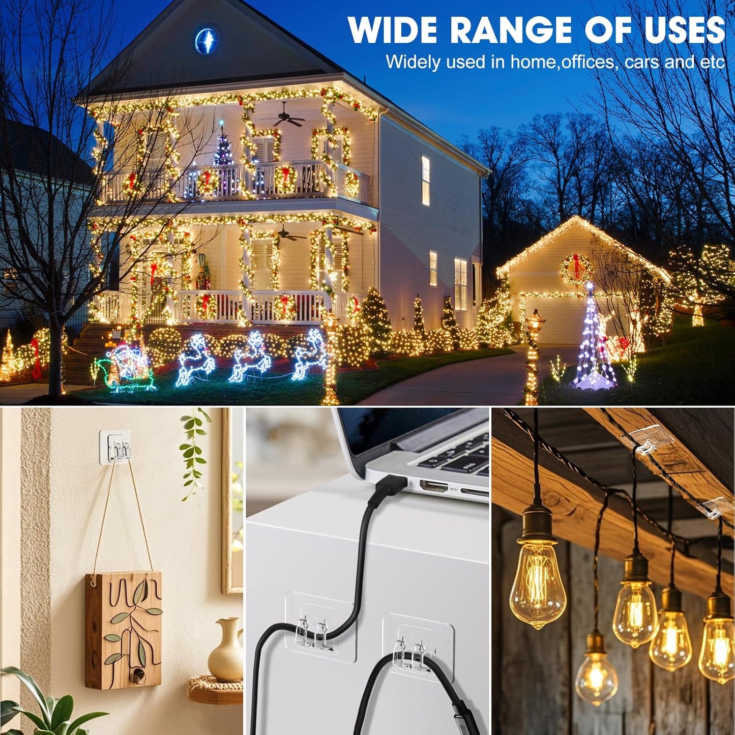 Lights-100Pcs Hooks for Outdoor String Heavy Duty Hooks with Adhesive StripsNo Holes, No Tools, No Drill Light Clips