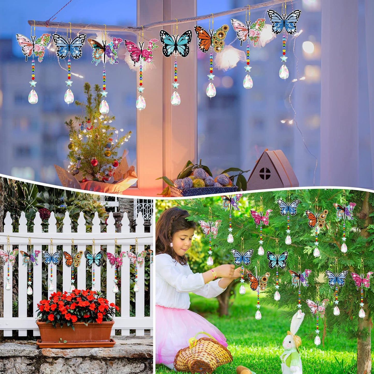 Tradder 6 Pcs Butterfly Diamond Art Wind Chimes Kits, Summer Tree Decor 5d Diamond Art Painting Ornaments with Crystal Pendant Garden Decor, Butterfly Kit, Keychains Crafts for Adults