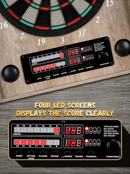 Yirinatek Electronic Dart Board, Decorative Dart Board Cabinet Set for Adults [12*Bronze Soft Tip Darts] [Cricket Game Mode] - Wooden Electric Dartboard Cabinet - Retro Case