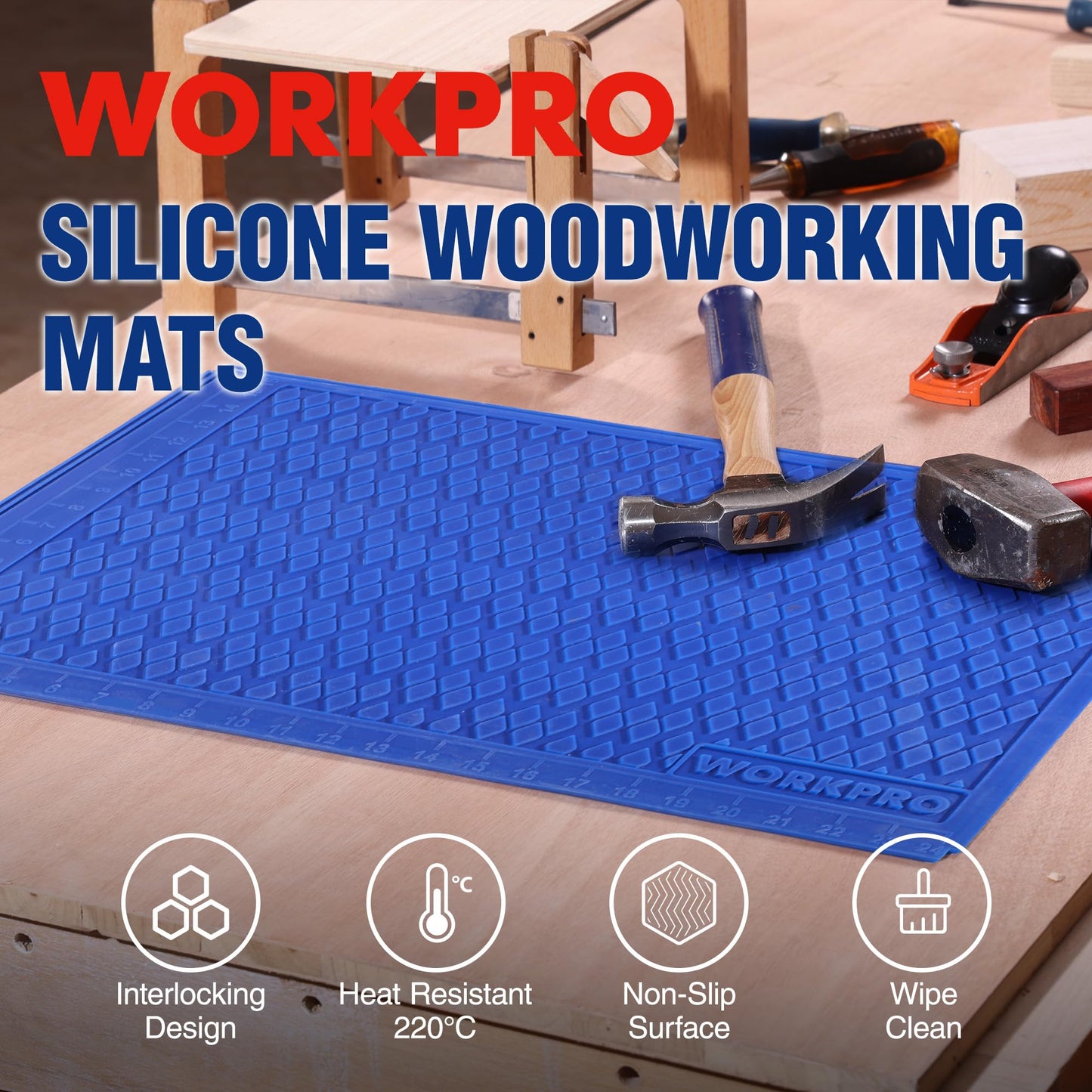WORKPRO Silicone Glue Mat 2-Pack, Non-Stick Heat-Resistant Silicone Pad with Built-in Measurement Grid, Anti-Slip & Durable Surface for Resin, Epoxy, DIY, Crafts, Woodworking, Garage & Workshop