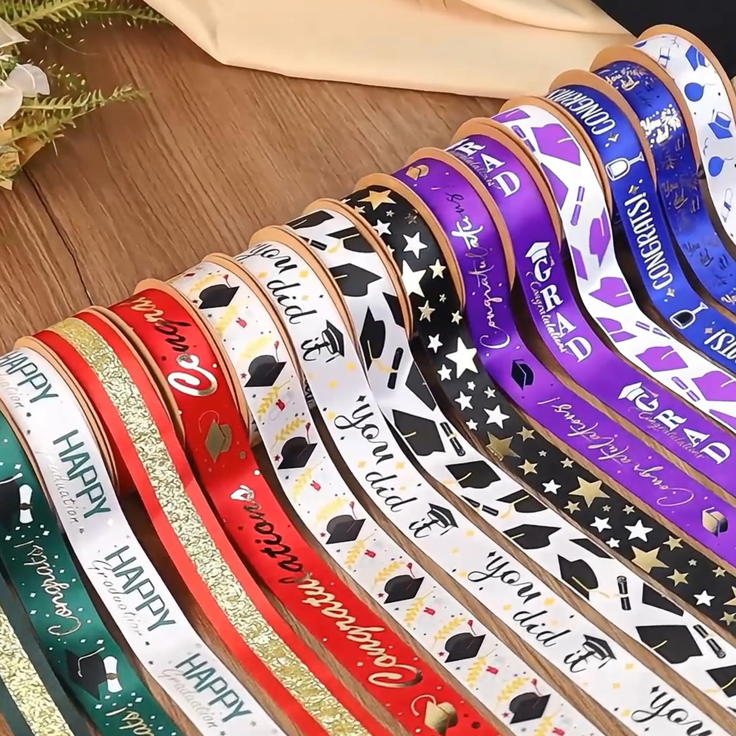 LaRibbons Graduation Ribbon 4 Rolls 1" and 3/8" 20 Yards TTL, Blue and White Gold Congrats Grad Satin Grosgrain Ribbon for Gift Wrapping Class of 2026 Grad Party Lei Making