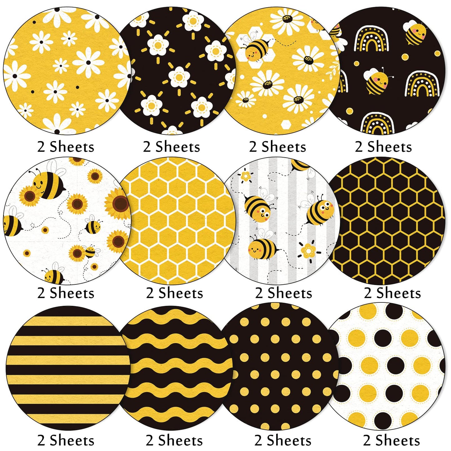 Whaline 24Pcs Bee Pattern Paper Pack 12 Designs Yellow Black Honeycomb Scrapbook Specialty Paper Double-Sided Collection Decorative Craft Papers for DIY Card Making Scrapbook Photo Album Decor
