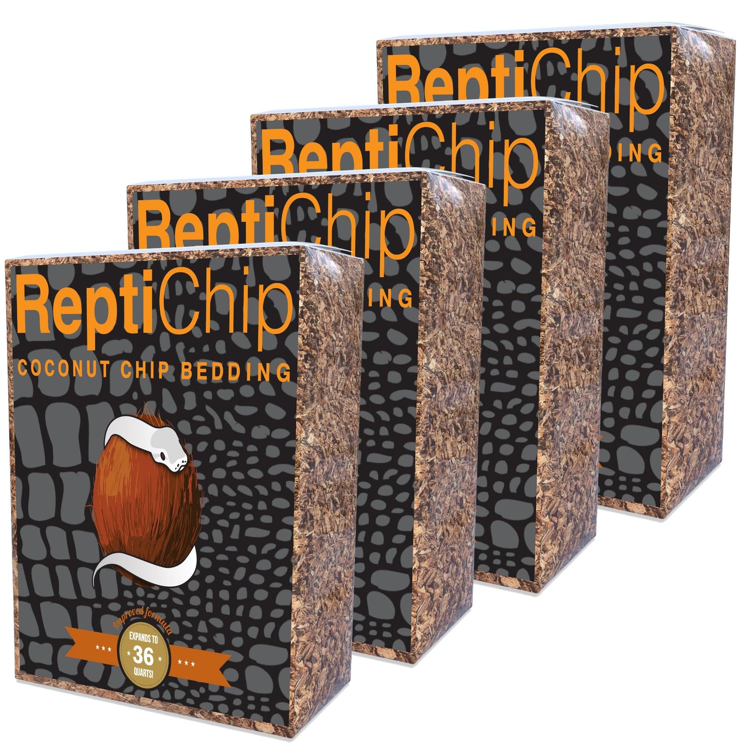 ReptiChip Reptile Bedding Loose Coconut Chip 36 Quart 4 Pack Coco Husk Substrate Mulch for Snake Habitat, Ball Python Terrarium, Turtle Tanks, Tortoise Enclosure