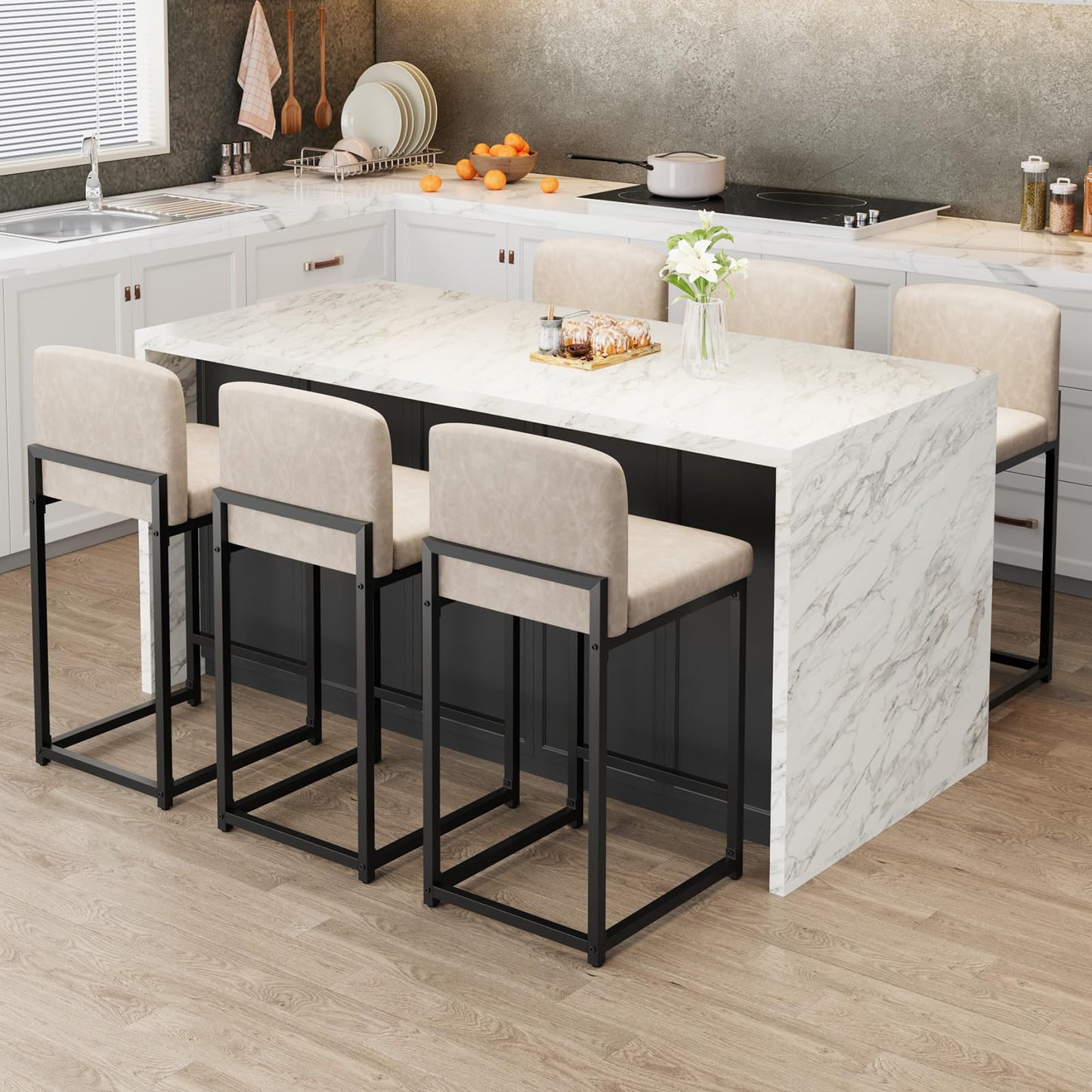 GarveeHome Bar Stools Set of 6, Modern Counter Height Bar Stools with Back and Footrest, Faux Leather Upholstered Barstools Chairs for Kitchen Island Dining Room Bar, Beige
