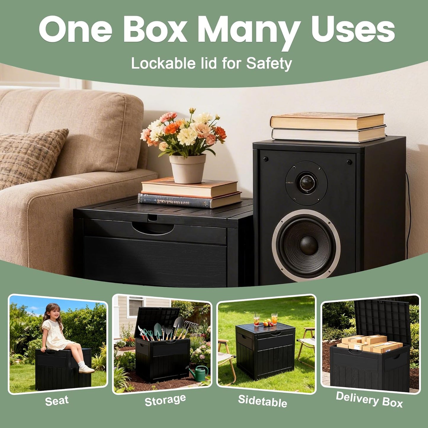 33 ZYJOYY Gallon Resin Deck Box Waterproof Outdoor Storage Box and Patio Furniture Side Table for Pool Accessories