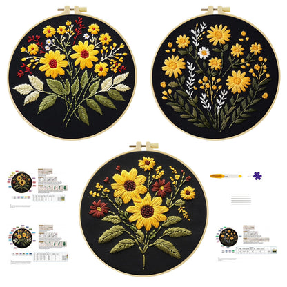 57lilina Embroidery Kit for Beginners, Pack of 3 with Hoops, Threads, Needles - Starter Cross Stitch Supplies for Adults, Gift for Relaxation Craft Lovers, Flower Theme