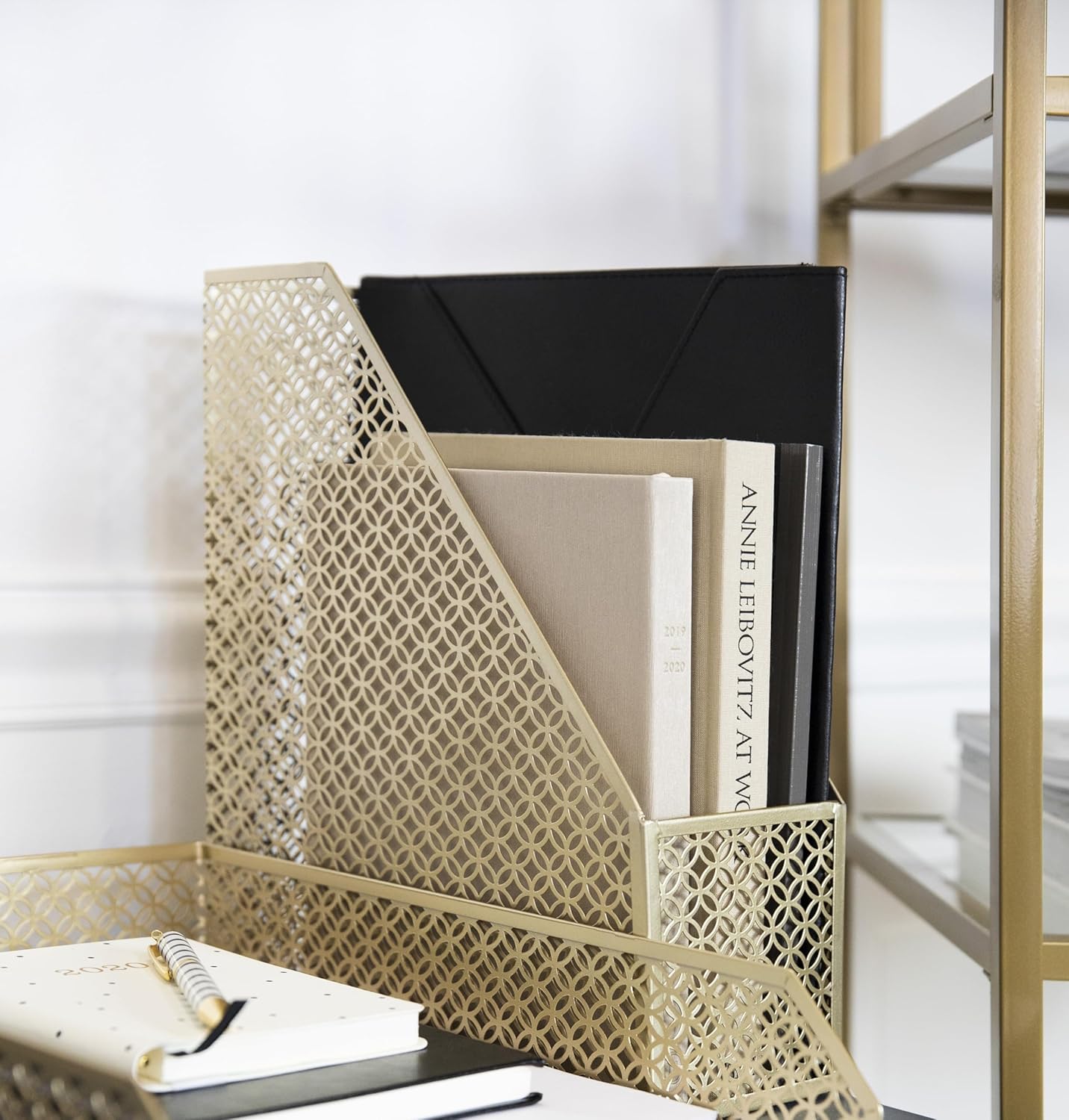 BLU MONACO Gold Magazine File Holder, Decorative Metal Magazine Organizer Bin for Desk & Shelves