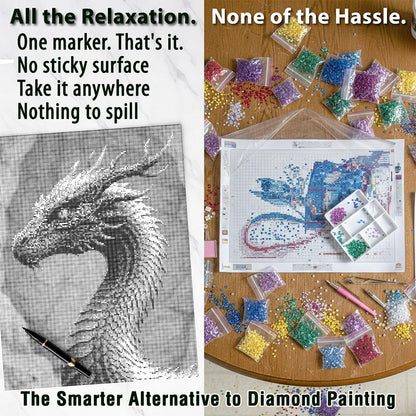 On The Dot Art - Painting Kit for Adults|Enchanted Dragon 13x17 Canvas w/Dual Tip Marker|Relaxing Activity Alternative to Diamond Painting|No Tiny Pcs No Mess Fantasy Mythical Creature Frameable Gift