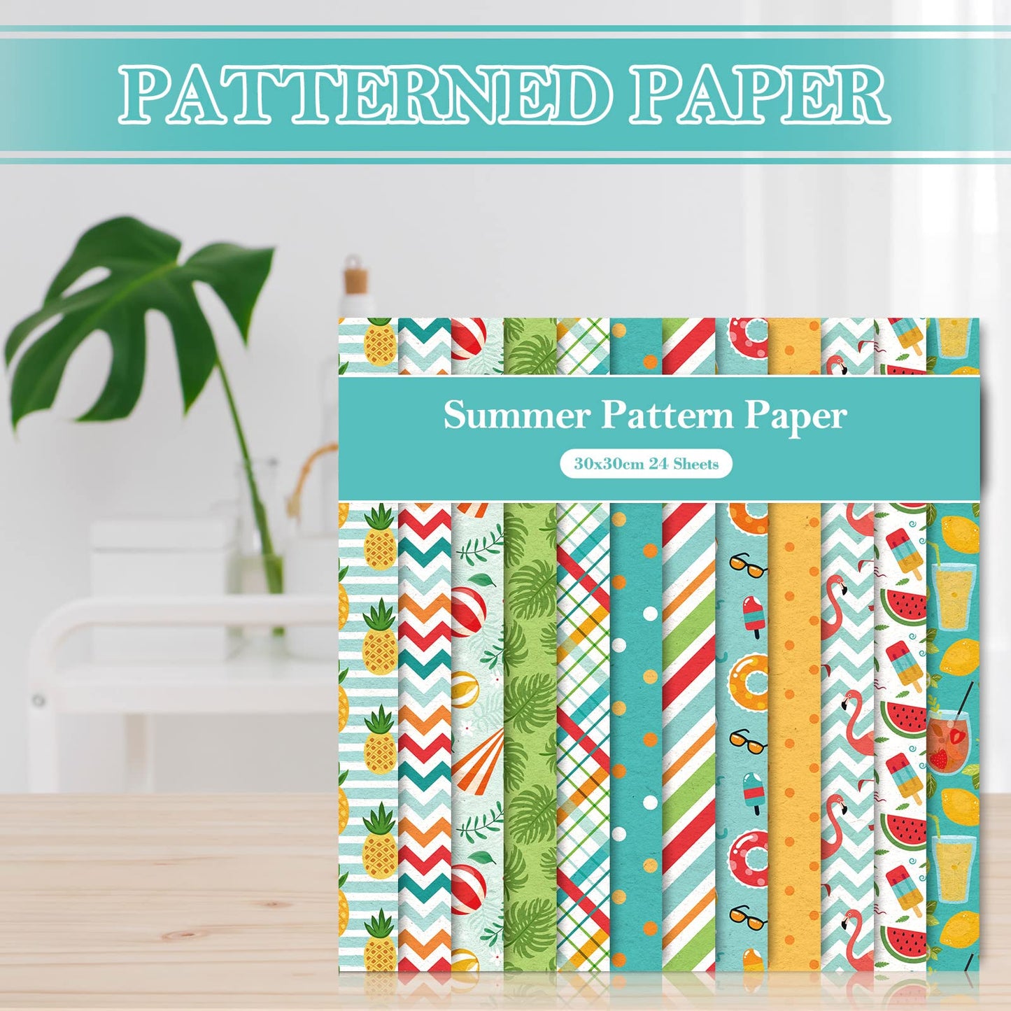 Whaline 24 Sheet Summer Pattern Paper Pack 12 Designs Holiday Scrapbook Specialty Paper Double-Sided Collection Decorative Craft Papers for Summer DIY Card Making Scrapbook Photo Album Decor