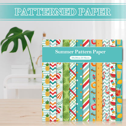 Whaline 24 Sheet Summer Pattern Paper Pack 12 Designs Holiday Scrapbook Specialty Paper Double-Sided Collection Decorative Craft Papers for Summer DIY Card Making Scrapbook Photo Album Decor