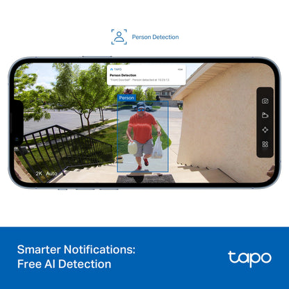 Tapo Smart Video Wireless Doorbell Camera - 2K, 160° Ultra-Wide View, Up to 180 Days Battery, Alexa, Google Assistant Compatible, Free AI Person Detection, IP54, SD/Cloud Storage, D205