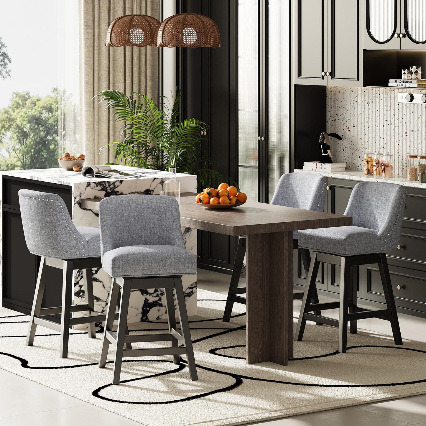 MALOL Swivel Bar Stools Set of 4, 27" Counter Height Kitchen Stools with Padded Seats and Solid Wood Legs, Upholstered Barstools for Kitchen Island, Breakfast Nook (Dark Gery)