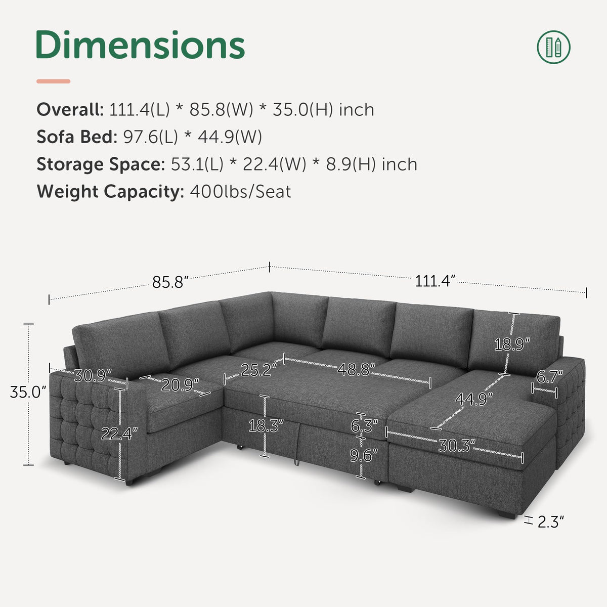 HONBAY Sectional Sleeper Sofa with Pull-Out Bed Storage Chaise, 6 Seaters Couch for Living Room, Light Grey
