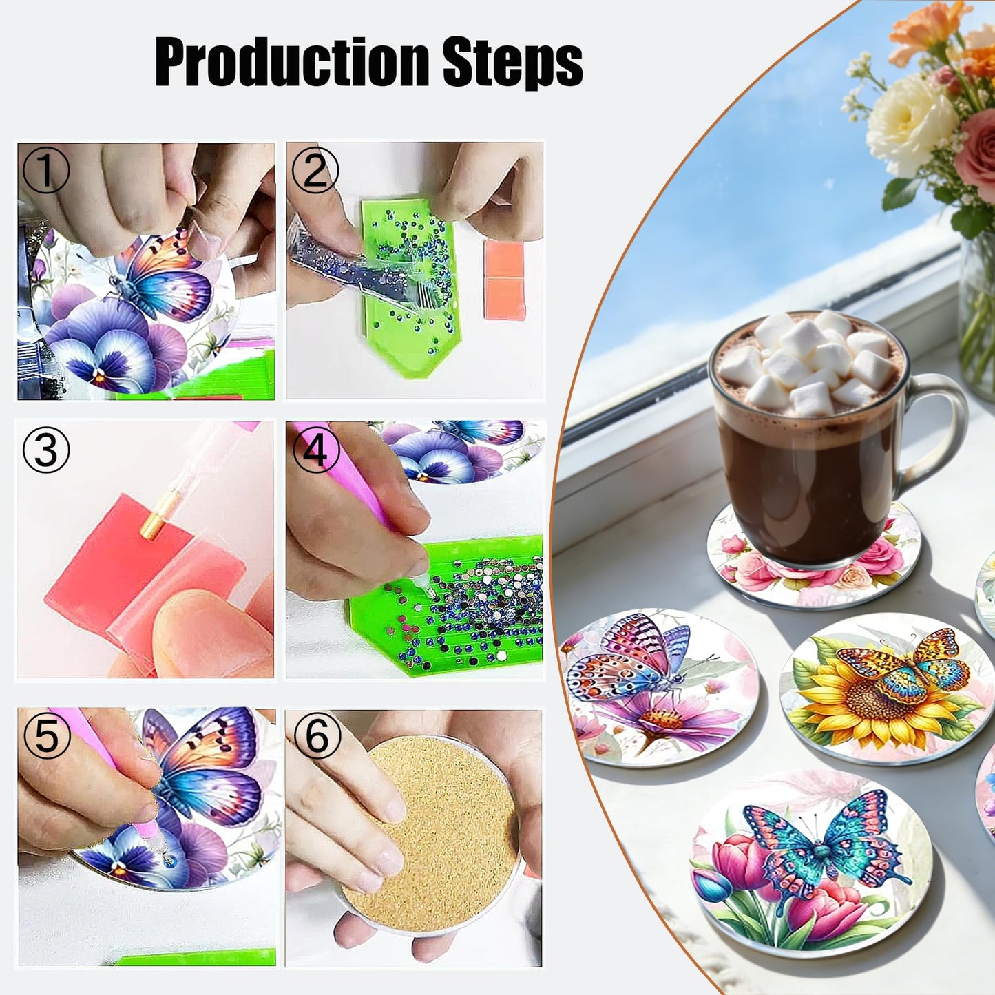 EOTHSW Diamond Art Coasters 8 Pack with Holder DIY Diamond Painting Coasters Crafts Kits for DIY Coaster Diamond Art Kits for Adults Gift 4X4 in (Butterfly-8pc)