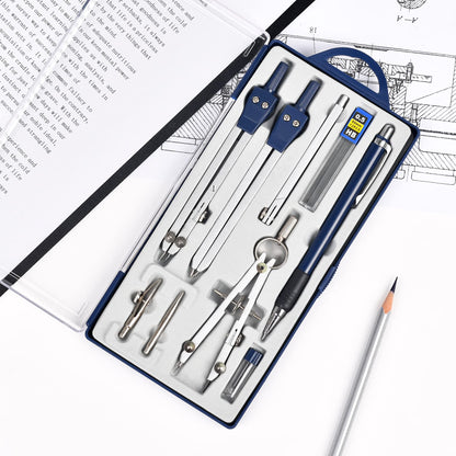 Unjoo 9Pcs Precision Geometry Set Metal Compass, Geometry Tool Tool Set with Shatterproof Storage Box, Circle Drafting Tool and Architecture, Drafting Kits for Engineers Students(Blue)