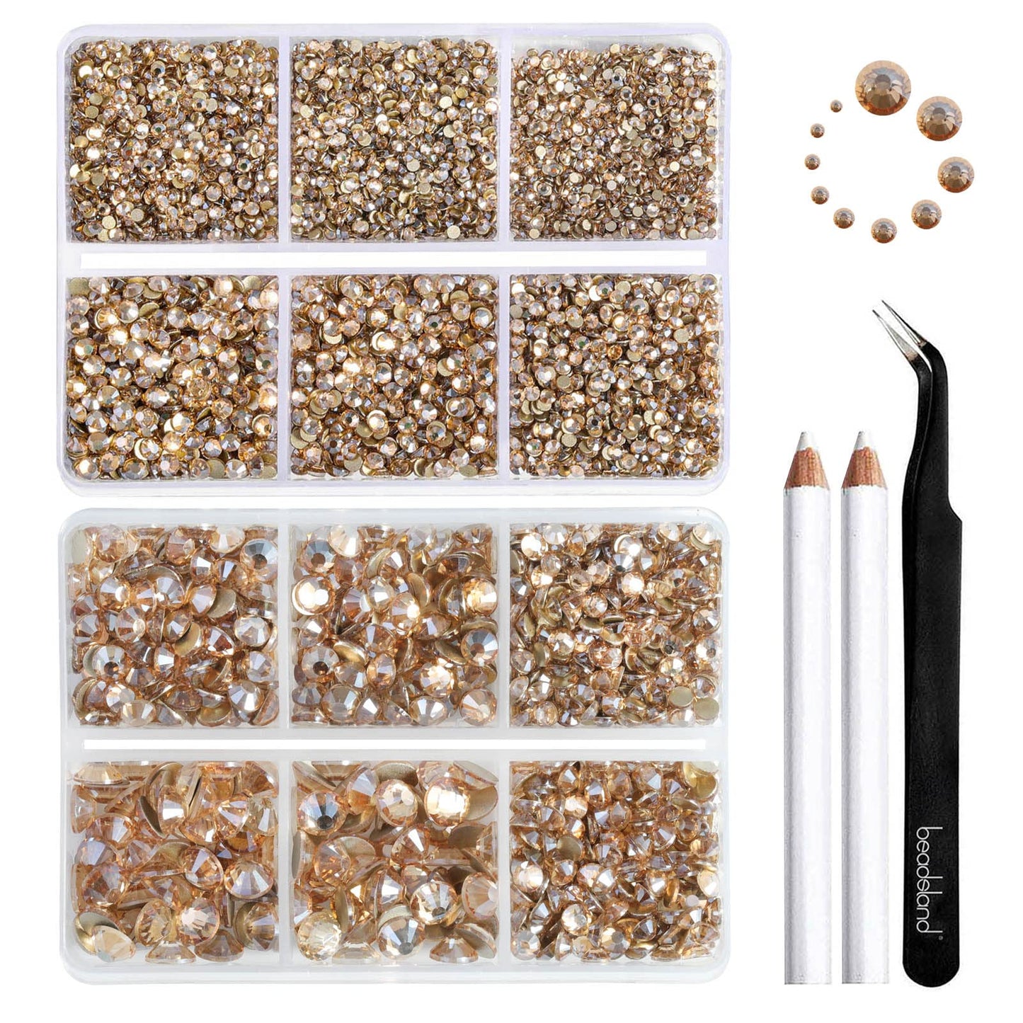 Beadsland 8300PCS Flatback Rhinestones, Gold Rhinestone Round Crystal Rhinestones for Crafts, Mixed 10 Sizes with Wax Pencil and Tweezer Kit, SS3-SS30, Golden Shadow