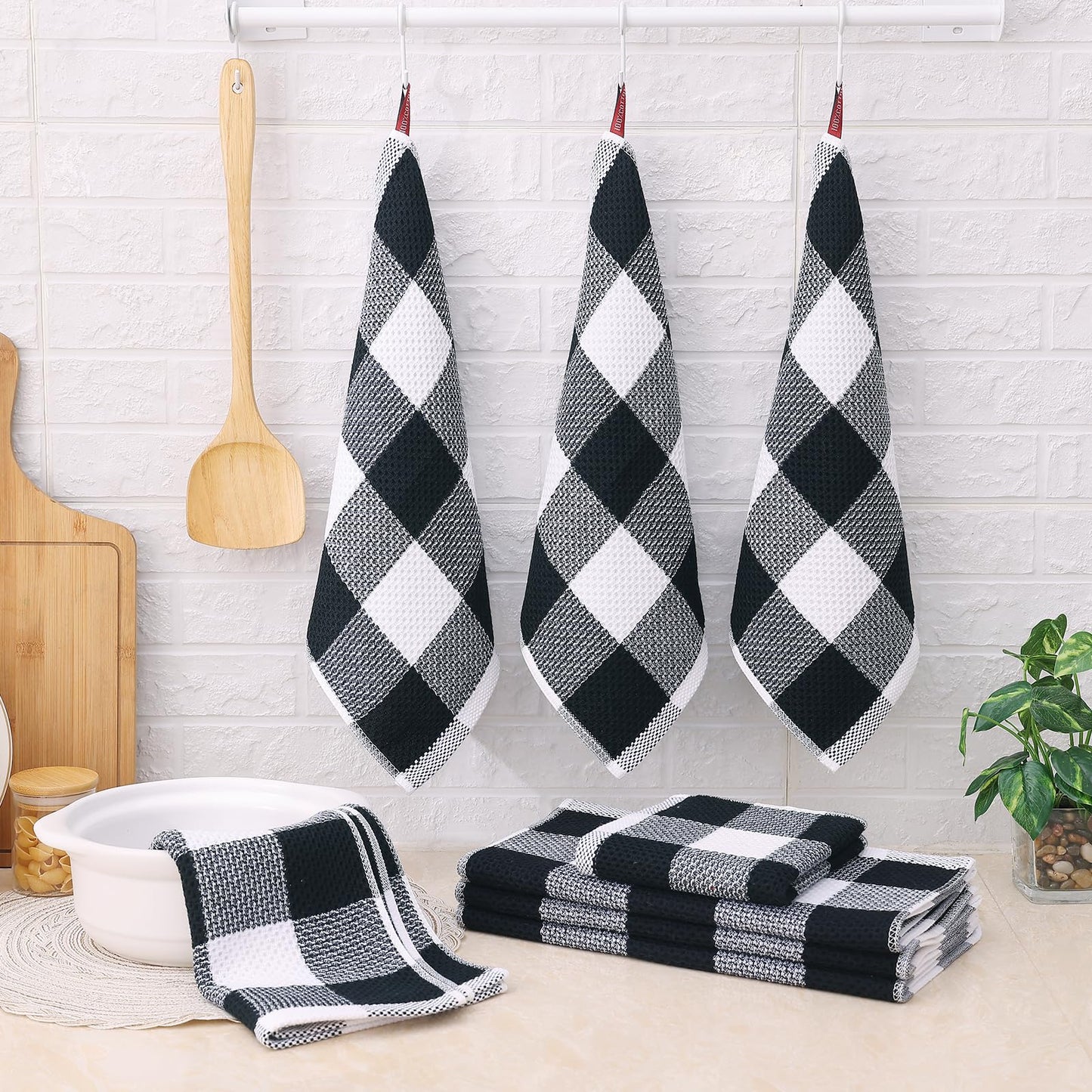 Homaxy Kitchen Towels and Dishcloths Set, 12 x 12 and 13 x 28 Inches, Set of 8 100% Cotton Waffle Weave Check Plaid Kitchen Dish Towels, Super Soft and Absorbent Dish Cloths, White & Black