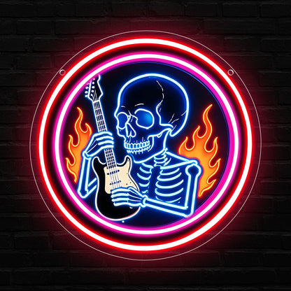 Skeleton Guitar Neon Sign - Gothic Neon Sign for Gothic Room Decor,Rock and Roll Neon Signs for Music Studio Decor, Bar, Man Cave Gamer Room Decor,Halloween Decor
