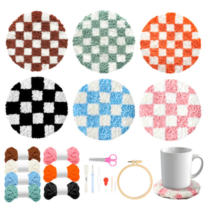 WATINC Checkerboard Punch Needle Coaster Kit - 22Pcs Crafts Punch Needle Coasters Kits for Beginners, Checkerboard Patterns Coaster Tufted Rug Pads with Adhesive Felt Yarns Embroidery Hoop Instruction