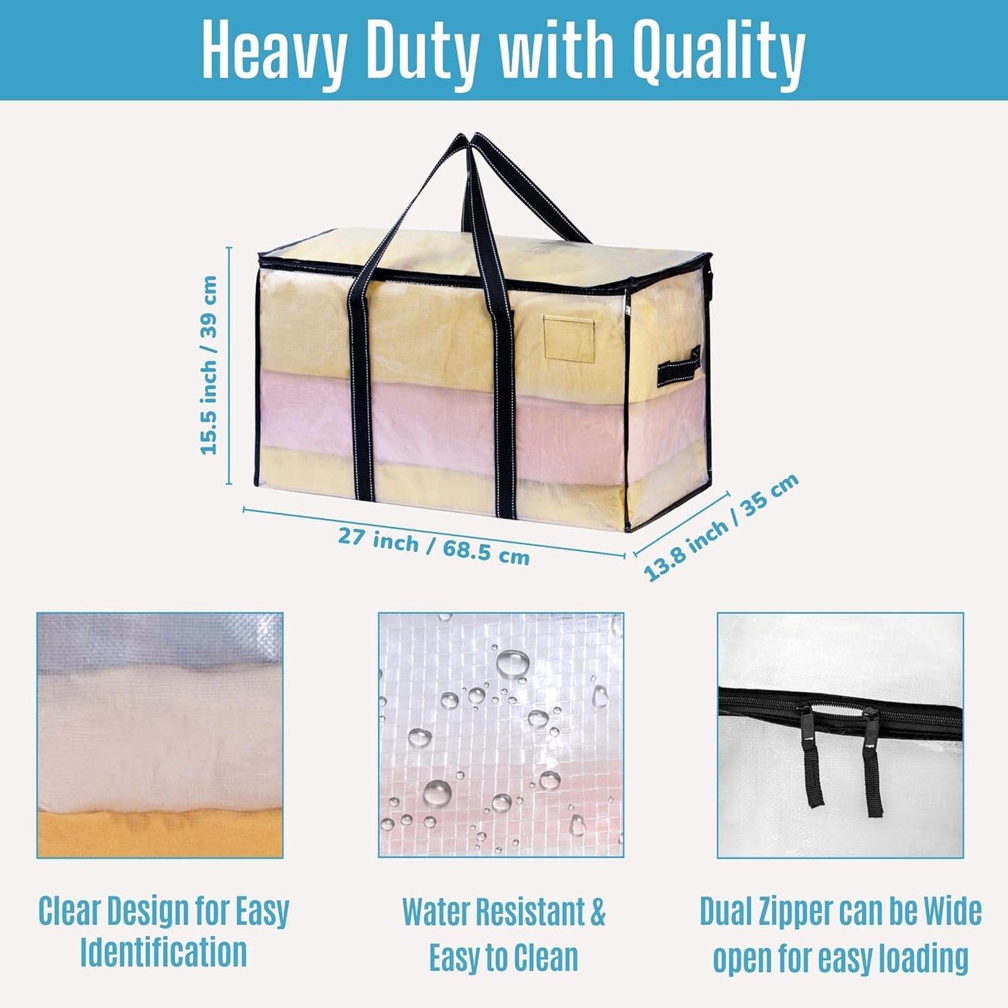 VENO 2 Pack Moving Bags, Heavy Duty Totes with Lids, Extra Large Packing Storage Boxes, Sturdy Handles, Zipper (Clear