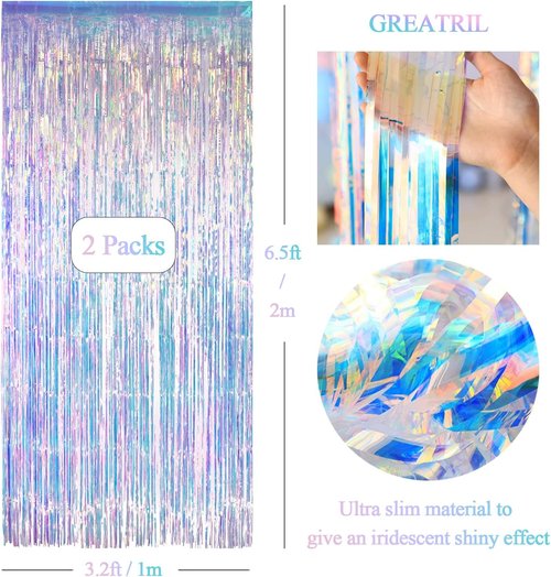 GREATRIL Iridescent Party Streamers Backdrop - Neon Holographic Tinsel Foil Curtain | 3.2ft x 6.5ft, 2 PCS