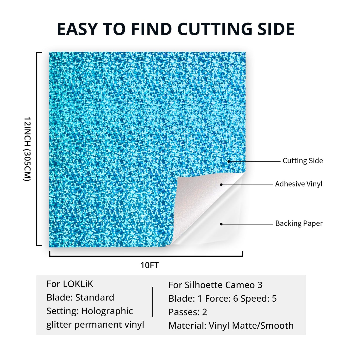 HTVRONT Holographic Glitter Permanent Vinyl, 12" x 10ft Sparkle Blue Permanent Adhesive Vinyl, Easy to Weed & Transfer Glitter Roll Compatible with Cricut Cutting Machine, Crafts, Silhouette, Decal