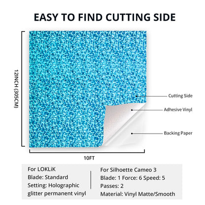 HTVRONT Holographic Glitter Permanent Vinyl, 12" x 10ft Sparkle Blue Permanent Adhesive Vinyl, Easy to Weed & Transfer Glitter Roll Compatible with Cricut Cutting Machine, Crafts, Silhouette, Decal