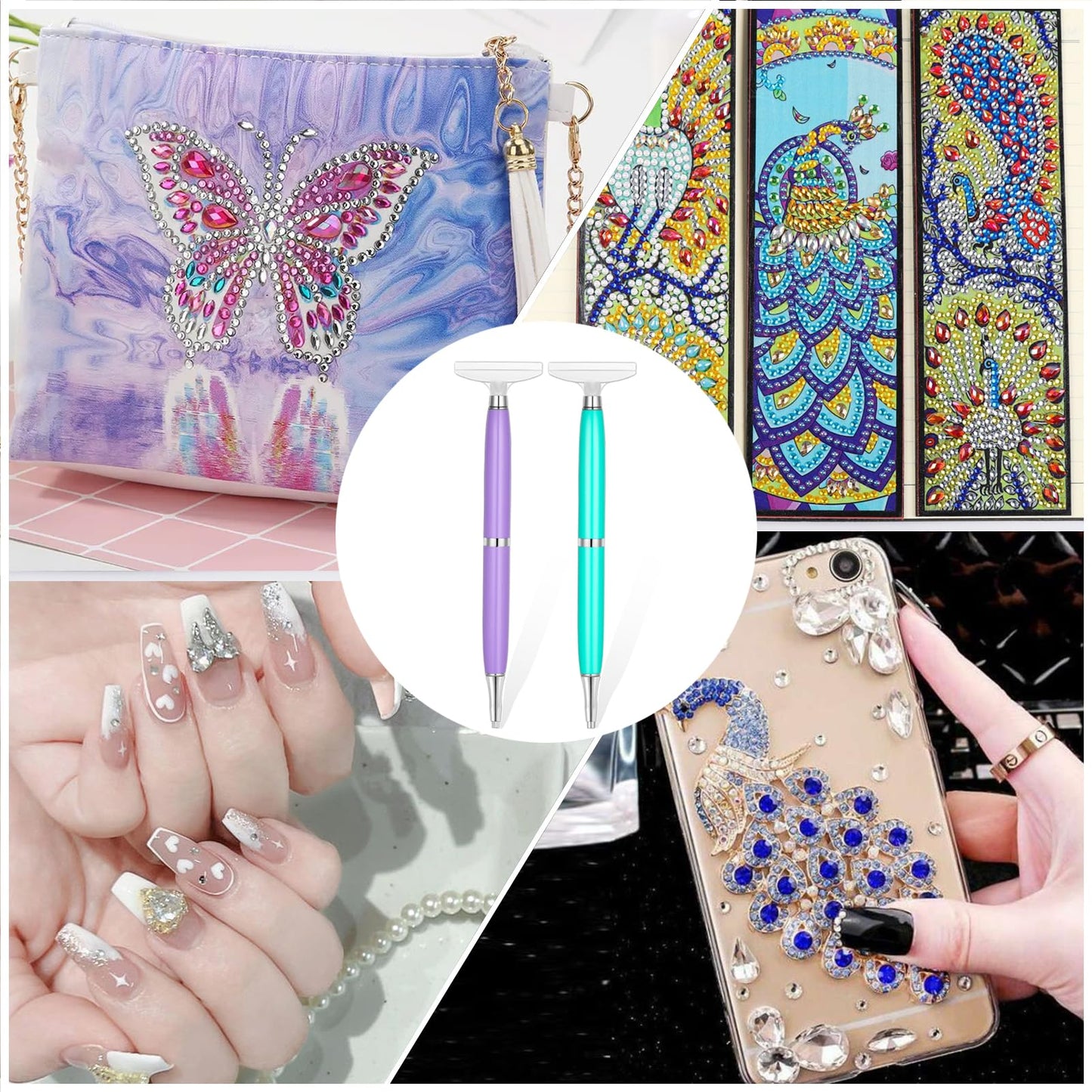 benote Diamond Art Pen Tools, 2 Sets Ergonomic Diamond Art Accessories Pens Metal Screw Thread Multi Placer Tips, Round and Square Drill Pen for Nail DIY Craft