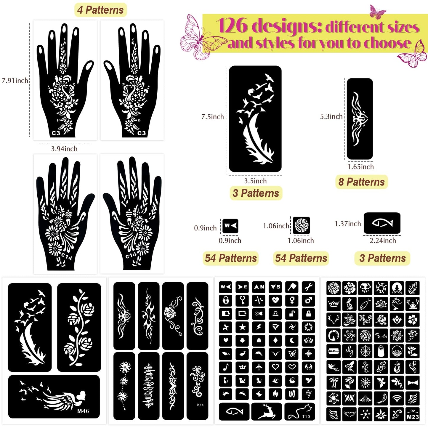 MuseLuxe 126 PCS Temporary Tattoos Stencils Kit,Temporary Tattoos Kit - 6 Pcs 2 Color(Brown Black) Ink with Gloves,DIY Body Art Painting for Women Men Adults Kids