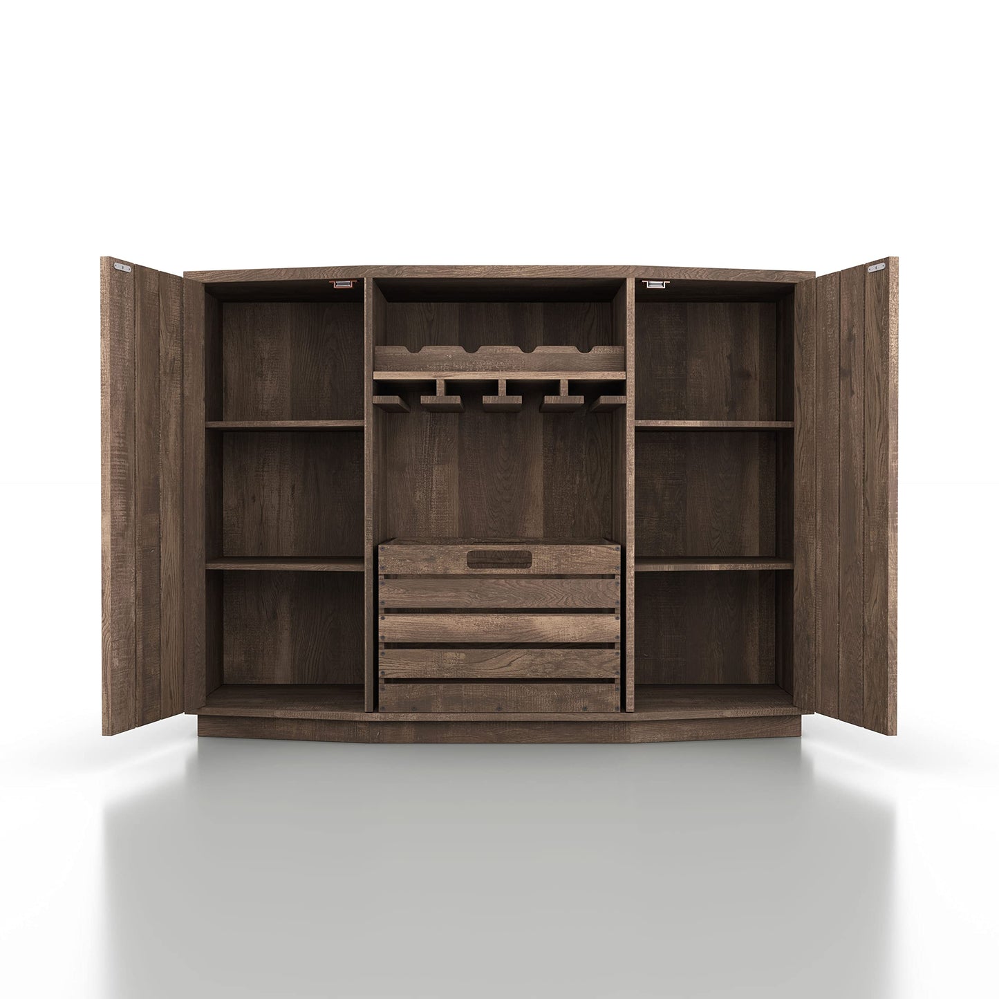 Homes: Inside + Out Lopez Farmhouse 2 Side Cabinets, 3 Shelves 48 in. Buffet with Removable Crate and Four Bottles Wine Rack, Sideboard for Kitchen, Dining Room, Reclaimed Oak Brown